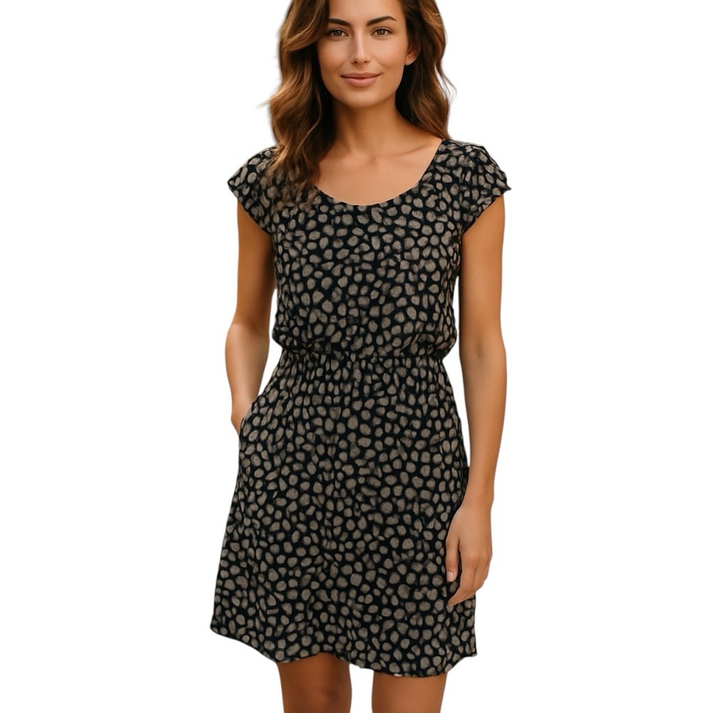 GERARD DAREL Vintage BLACK WHITE HEART RUFFLE SHORT SLEEVE PRINT DRESS 38